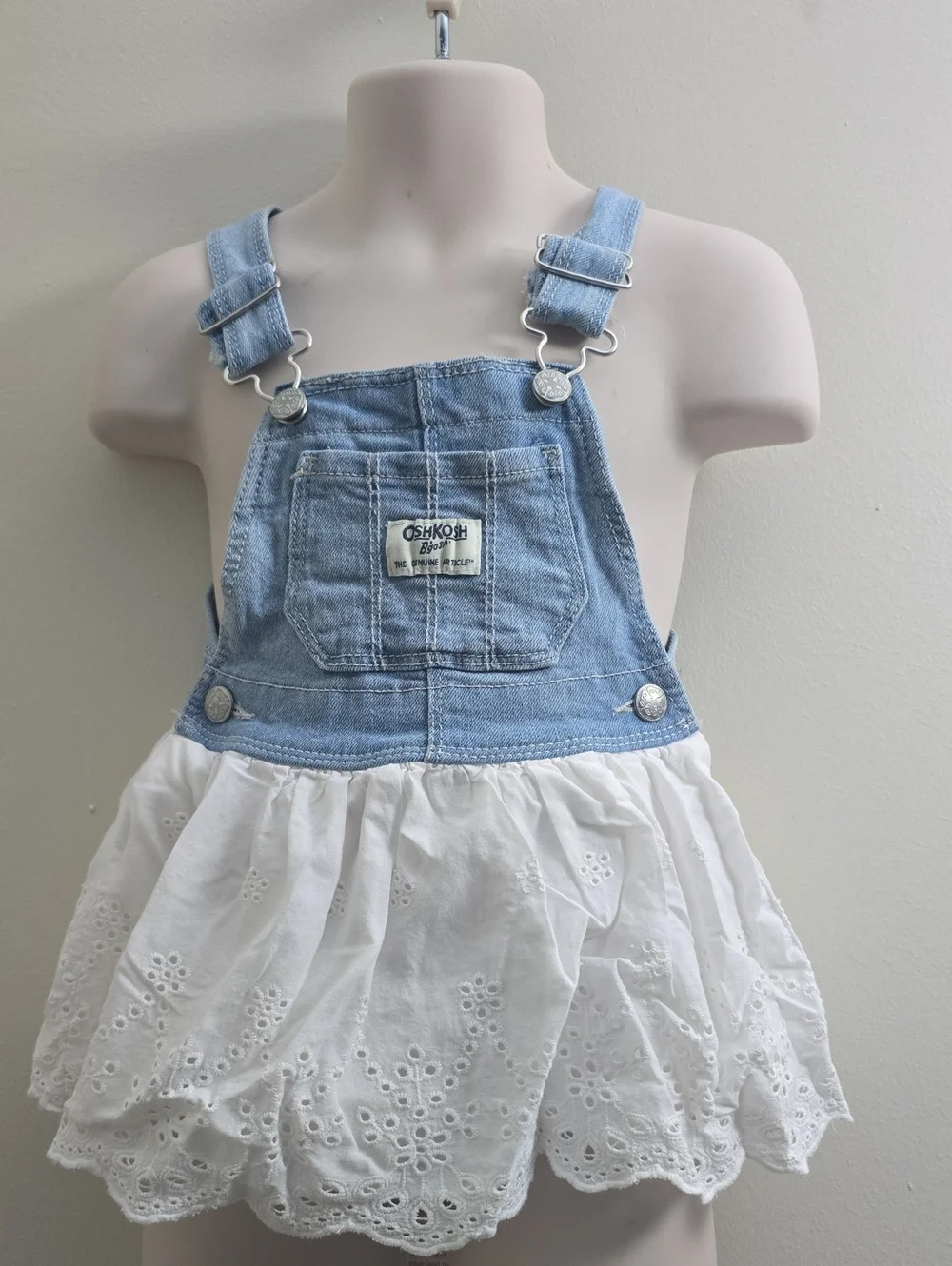 OshKosh B'gosh Light Blue Denim Top with White Eyelet Skirt Overalls